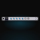 VS-GB by Vox Samples, the console bus compressor plugin, pictured as its front panel: a light-grey slim rack unit with a gain reduction meter, blue THRESHOLD, ATTACK, RATIO, RELEASE and MAKE-UP knobs and the COMPRESSOR IN key.