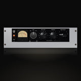 VS-M66 by Vox Samples, the variable-mu tube limiter plugin, pictured as its front panel: a black panel on a grey rack plate with a cream VU meter, the INPUT GAIN and THRESHOLD knobs, the six-position TIME CONSTANT switch and a glowing pilot lamp.