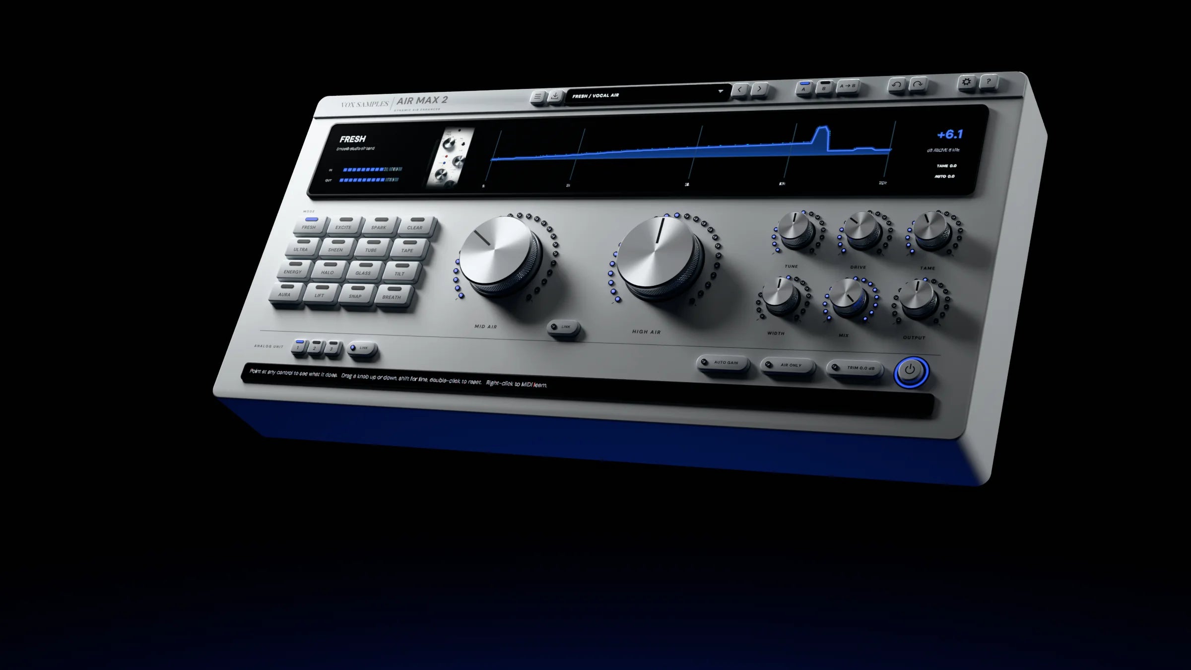 Air Max 2 tilted in a black space, rim-lit, a cobalt glow beneath it; the display, keys and aluminium knobs all readable