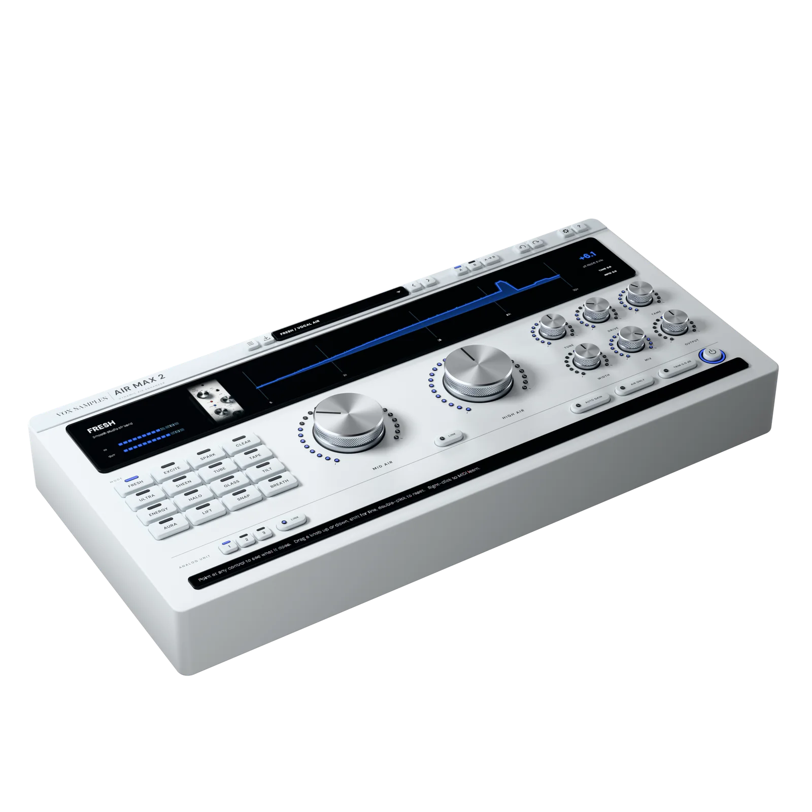 Air Max 2 as a pale-grey desktop unit, three-quarter view from the front left and above: the black display with the FRESH mode picture, the blue air curve and the +6.0 readout; sixteen mode keys with FRESH lit; two large machined-aluminium knobs with knurled grips and engraved pointer lines in rings of blue lamps; six smaller matching knobs; along the front the ANALOG UNIT keys 1, 2 and 3 with 1 lit and its LINK, the switches, the lit power ring and the info bar
