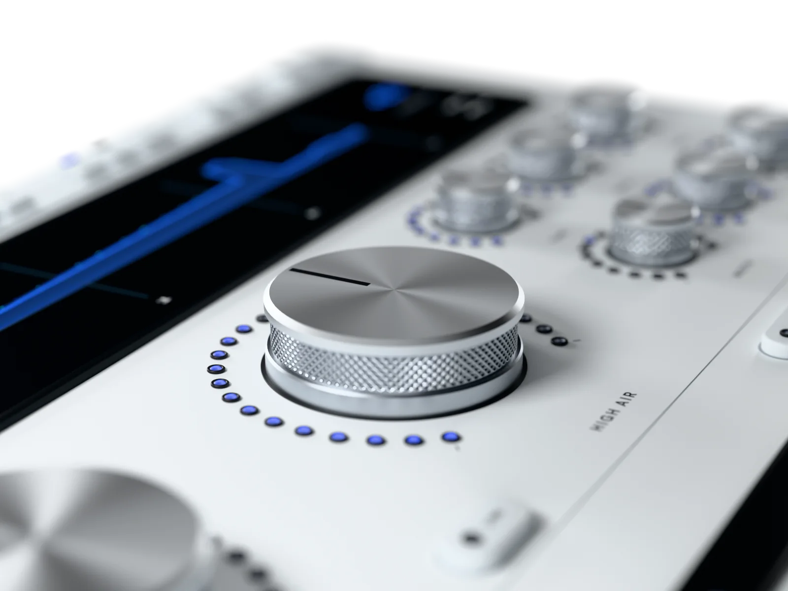 The HIGH AIR knob close up from the left: its spun aluminium top with a black pointer line at 12 o’clock, the diamond-knurled grip and its ring of blue lamps lit up to its value