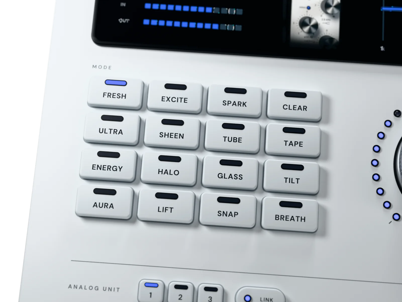 The sixteen pale-grey mode keys from nearly overhead, FRESH’s lamp window lit blue, the IN and OUT meters and the edge of the FRESH picture above, and the ANALOG UNIT keys below