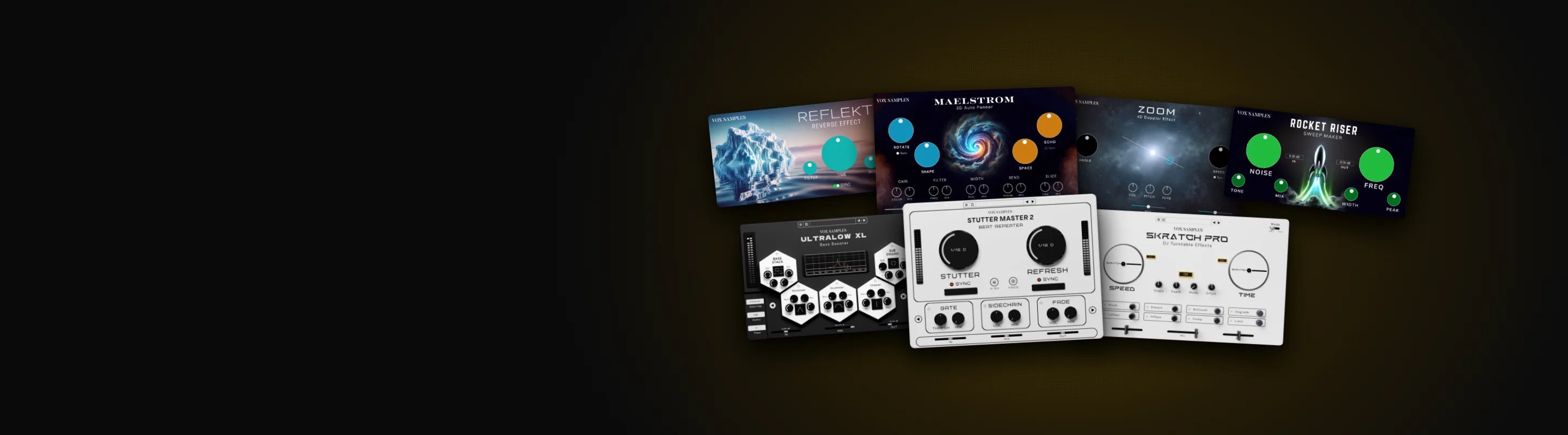 Stutter Master 2, Skratch Pro, UltraLow XL, Maelstrom, Zoom, Rocket Riser and Reflekt plugin windows piled on a warm glow