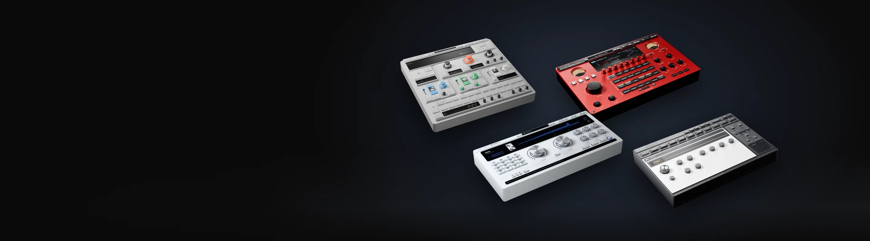 Reverse King 3, Pitch Suite Pro, Air Max 2 and LoFi Pro 2 as hardware-style devices on a spotlit floor