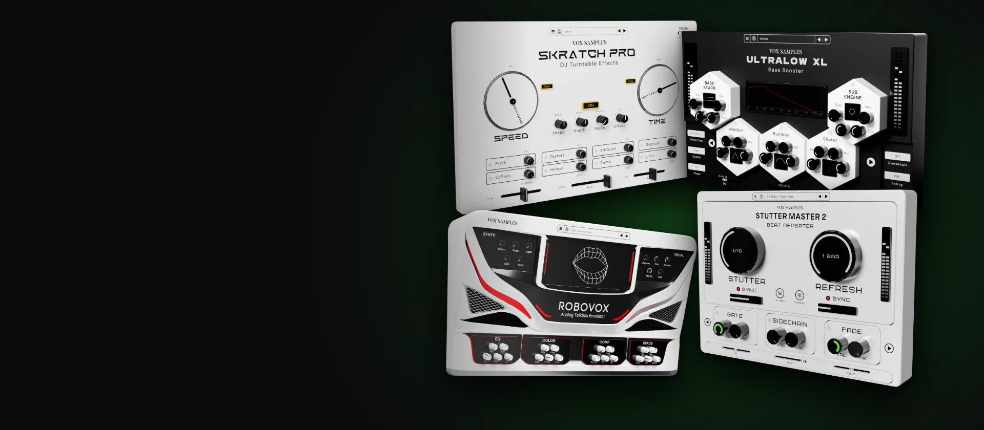 Skratch Pro, UltraLow XL, RoboVox and Stutter Master 2, four of our best-selling plug-ins, together on a dark green field.