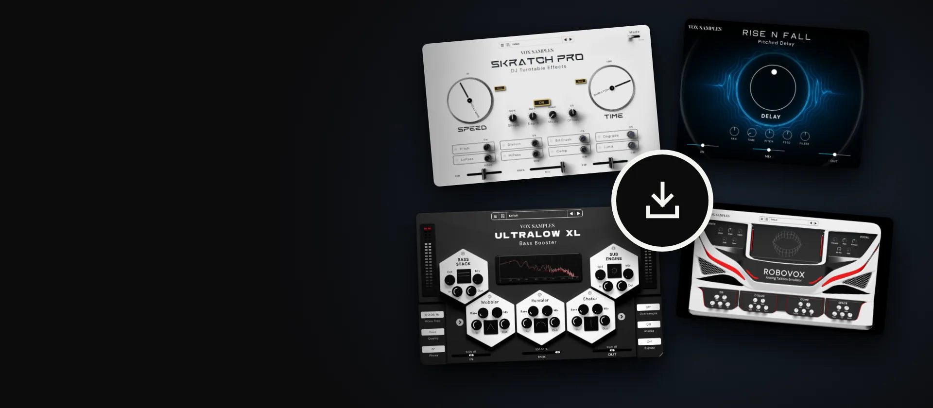 The windows of Skratch Pro, Rise N Fall, UltraLow XL and RoboVox, with a download symbol.