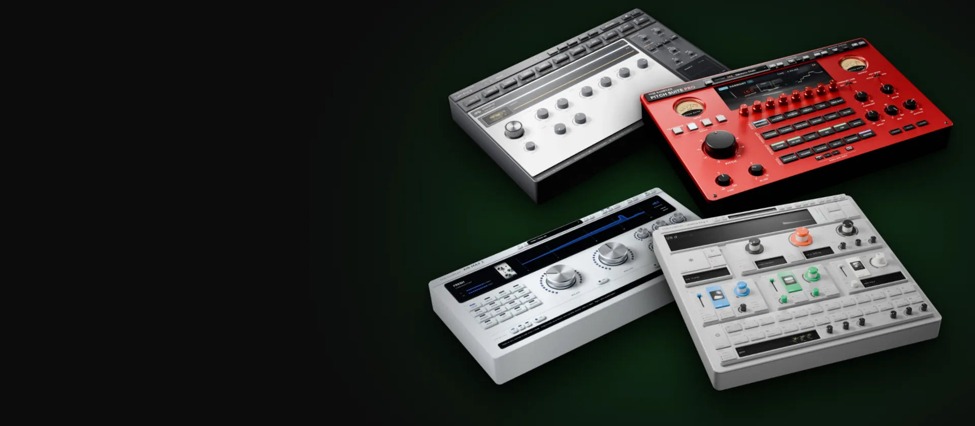 Air Max 2, LoFi Pro 2, Pitch Suite Pro and Reverse King 3, our four new flagship plug-ins, together on a dark green field.