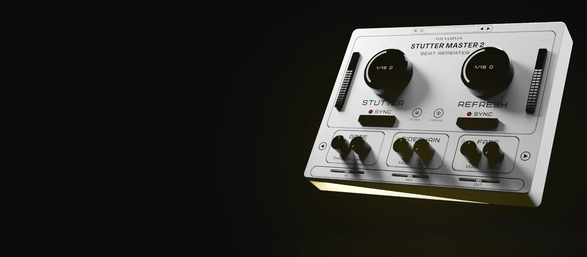 Stutter Master 2, the beat repeater plug-in, floating in black with a warm glow beneath it.