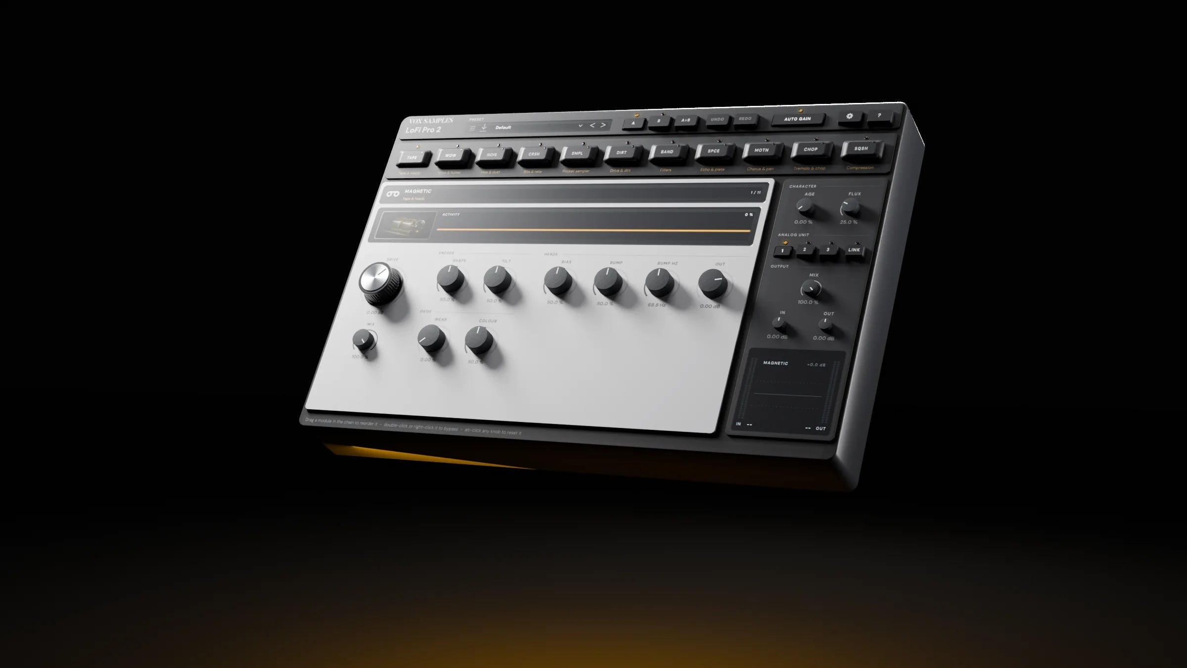 LoFi Pro 2 tilted in a black space, its one page facing the camera, with a warm amber glow beneath it