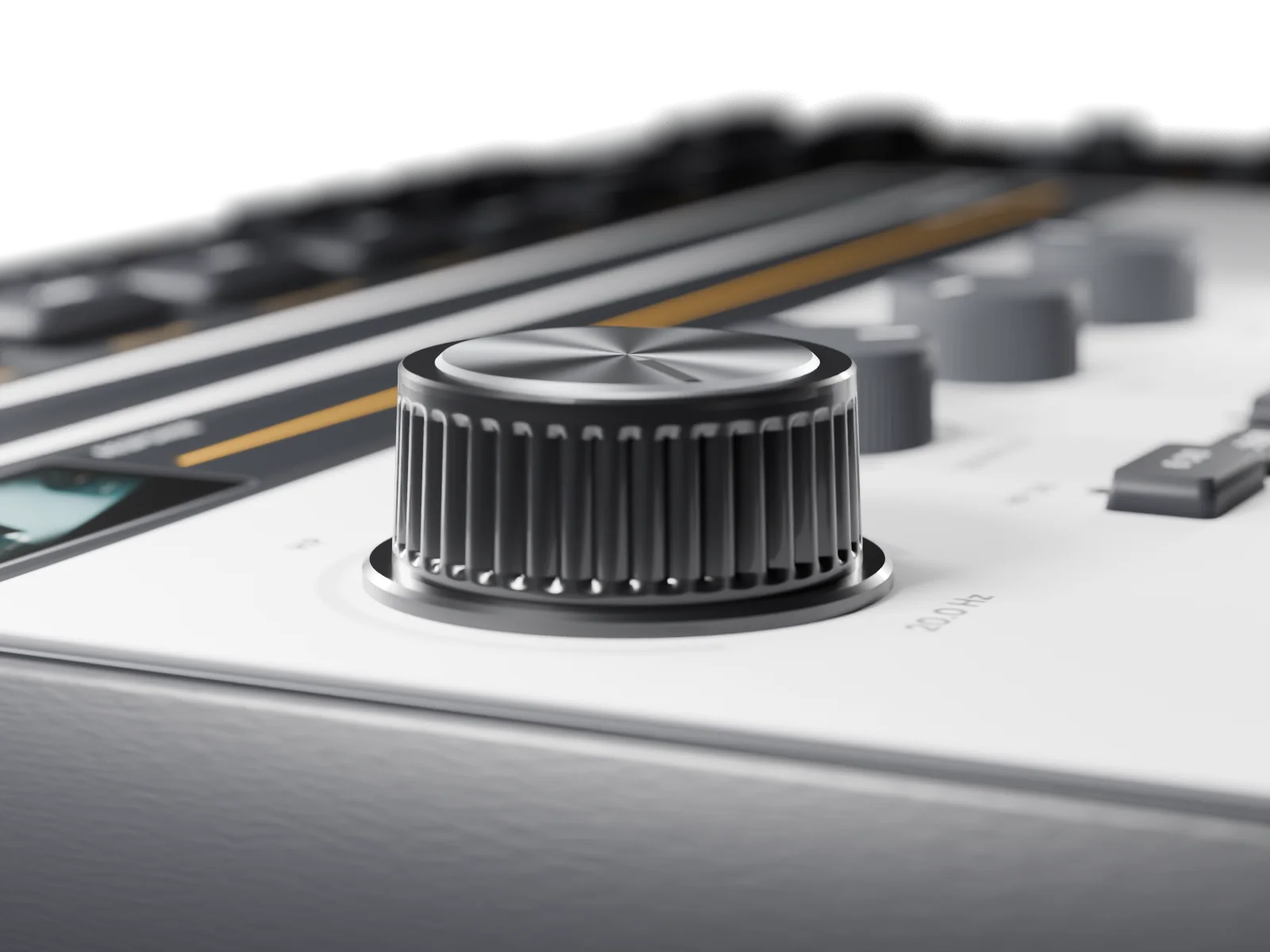 BAND’s HP knob up close, low from the left: a ridged black knob with an aluminium top on the white plate, its value 20.0 Hz beside it and the module’s response line in amber behind
