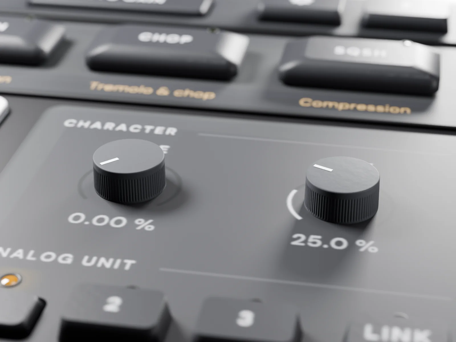 The rail’s CHARACTER pair close up: AGE at 0.00 % and FLUX at 25.0 %, dark ridged knobs with white pointer lines, the CHOP and SQSH chain keys behind and the ANALOG UNIT keys in front