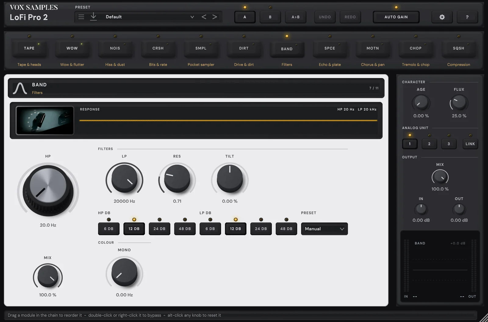 The LoFi Pro 2 page with BAND open: its key latched in the chain, its picture, close on a grey-green program filter panel and its bar-knob switch, beside its display, then HP, LP, RES, TILT, the slope keys, the preset menu and MONO, and the rail with AGE, FLUX, ANALOG UNIT, MIX, IN and OUT