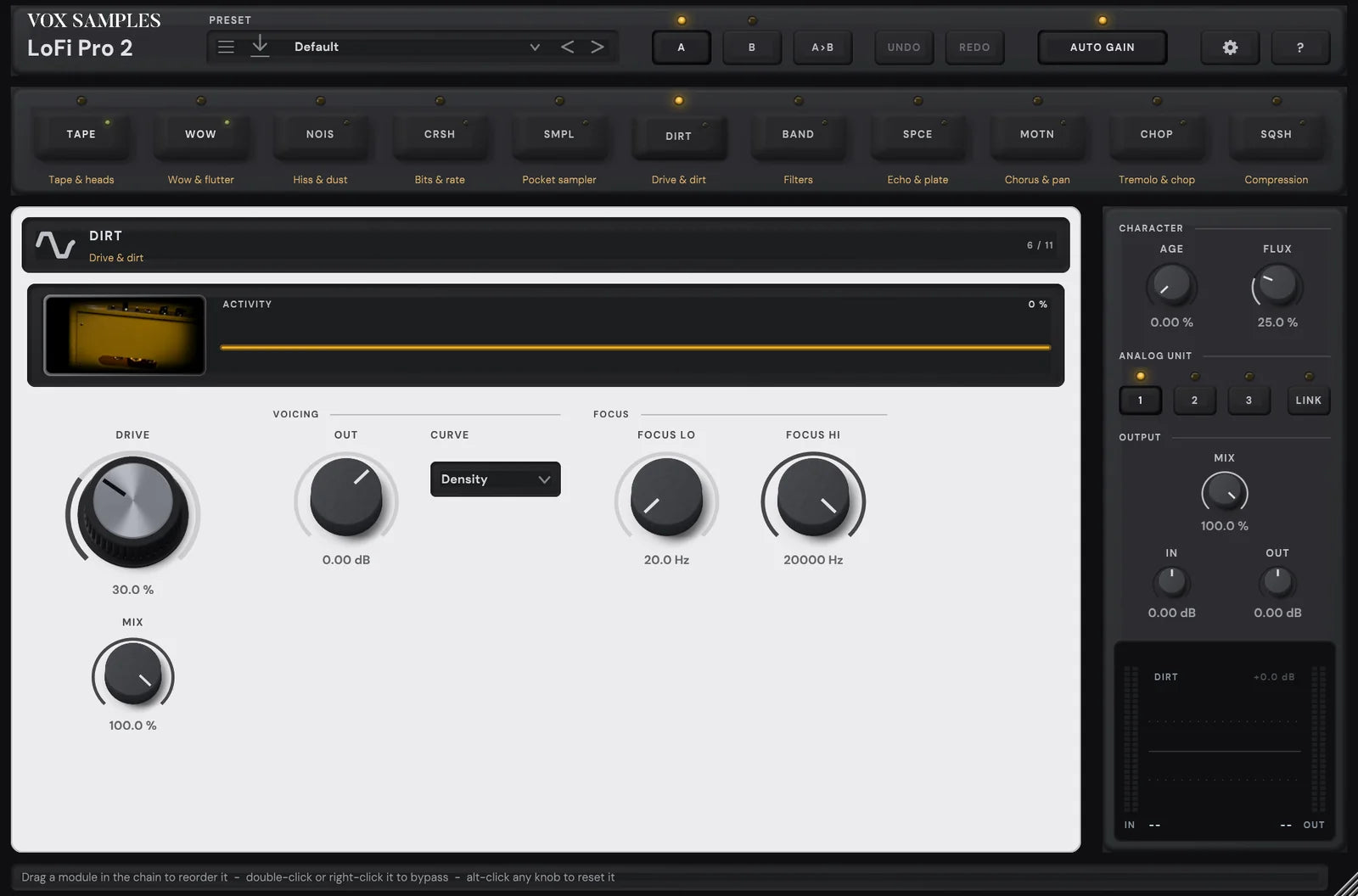 The LoFi Pro 2 page with DIRT open: its key latched in the chain, its picture, the tweed-covered back of a valve combo amplifier, beside its display, then DRIVE and the voicing and focus controls, and the rail with AGE, FLUX, ANALOG UNIT, MIX, IN and OUT