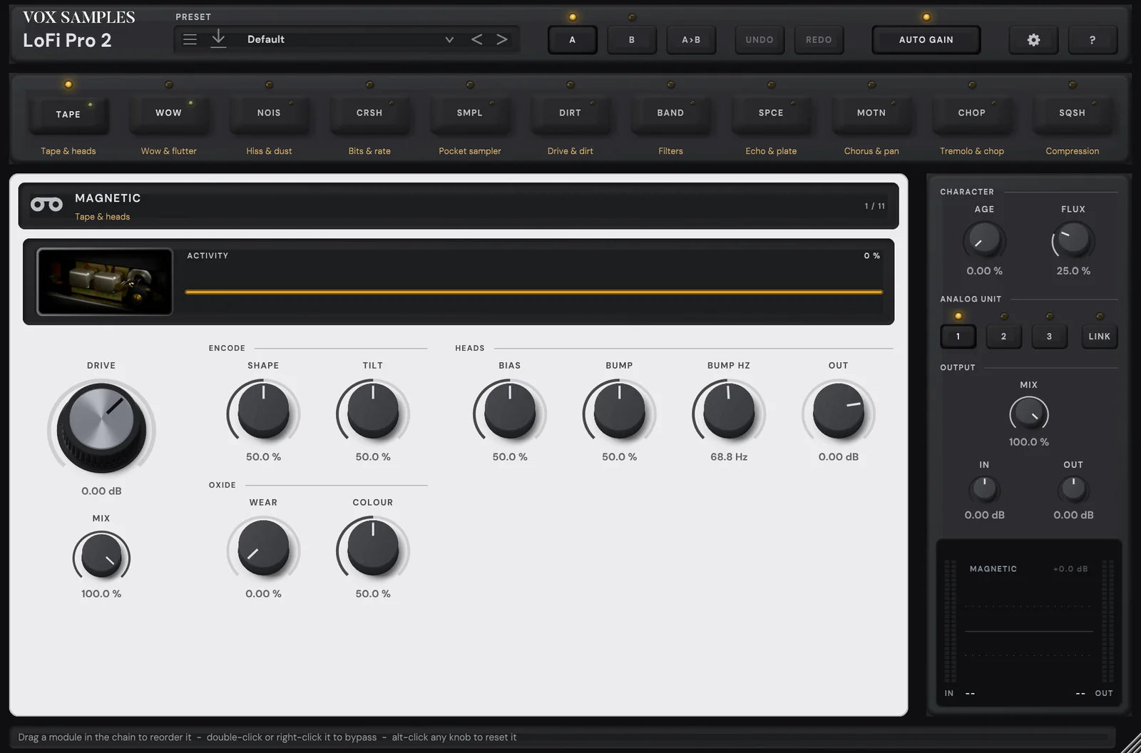 The LoFi Pro 2 page as a new instance opens: the preset box reading Default, the chain of eleven module keys with TAPE latched, MAGNETIC open with its picture of a tape head block beside the activity line, DRIVE, MIX and the encode, heads and oxide knobs, and the rail with AGE, FLUX, the ANALOG UNIT keys 1, 2, 3 and LINK, MIX, IN, OUT and the meter screen
