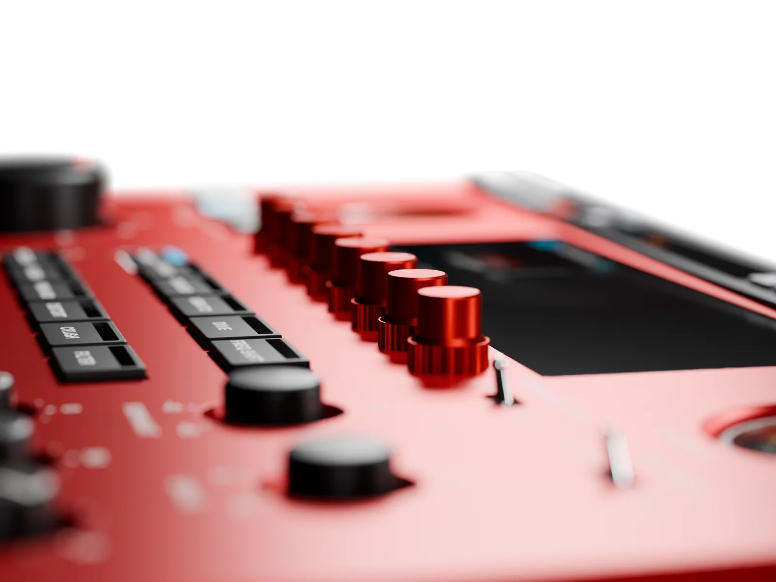A low raking view along the row of eight red ribbed encoders from the right, the module switches soft in the foreground