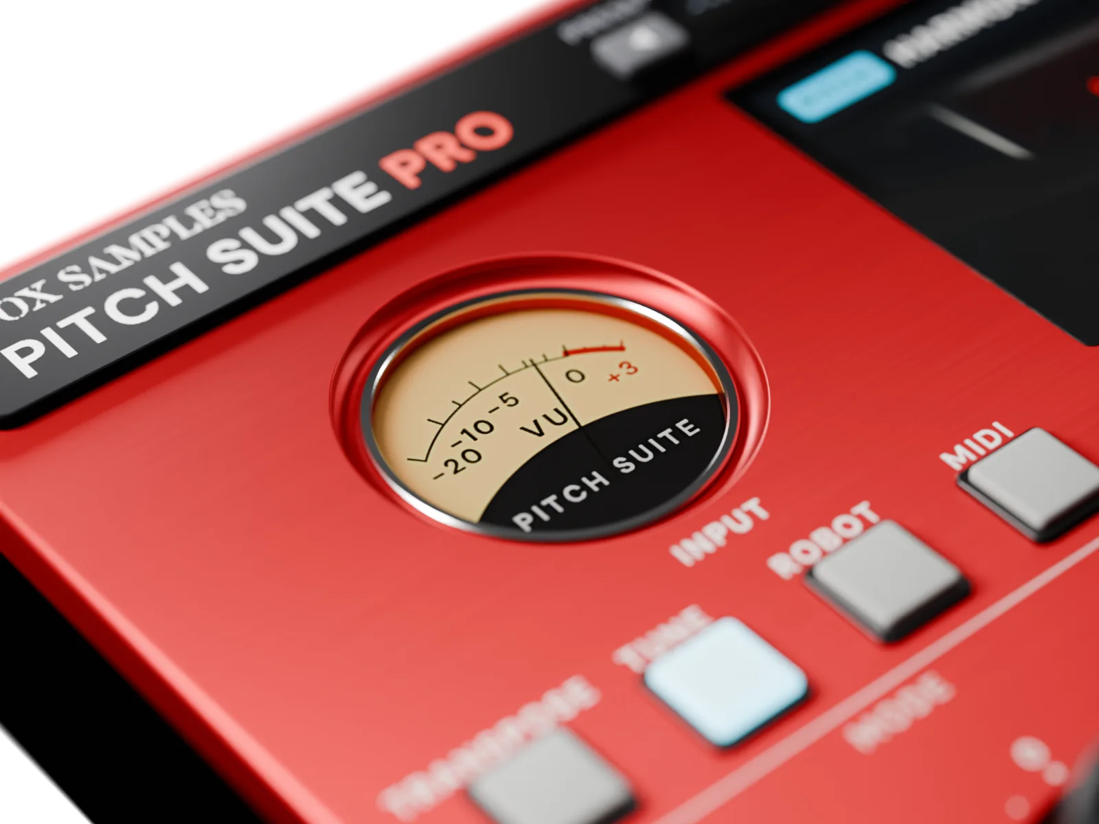The INPUT VU meter close up, its cream face and needle in a red dish, with the TRANSPOSE, TUNE (lit), ROBOT and MIDI keys below it