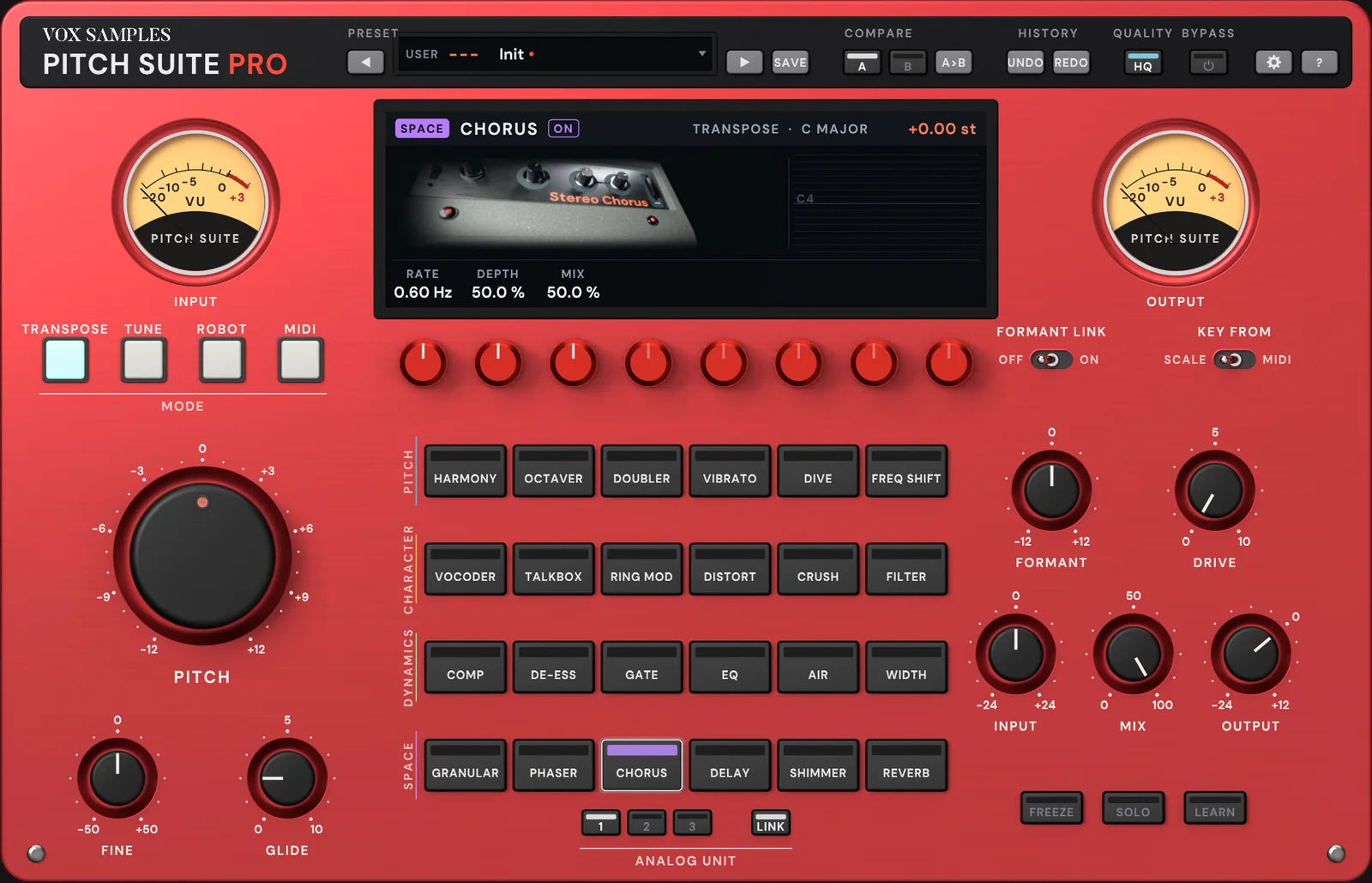The Pitch Suite Pro panel with CHORUS selected: the screen pictures a grey stereo chorus floor unit, plugged in, its knobs along the back
