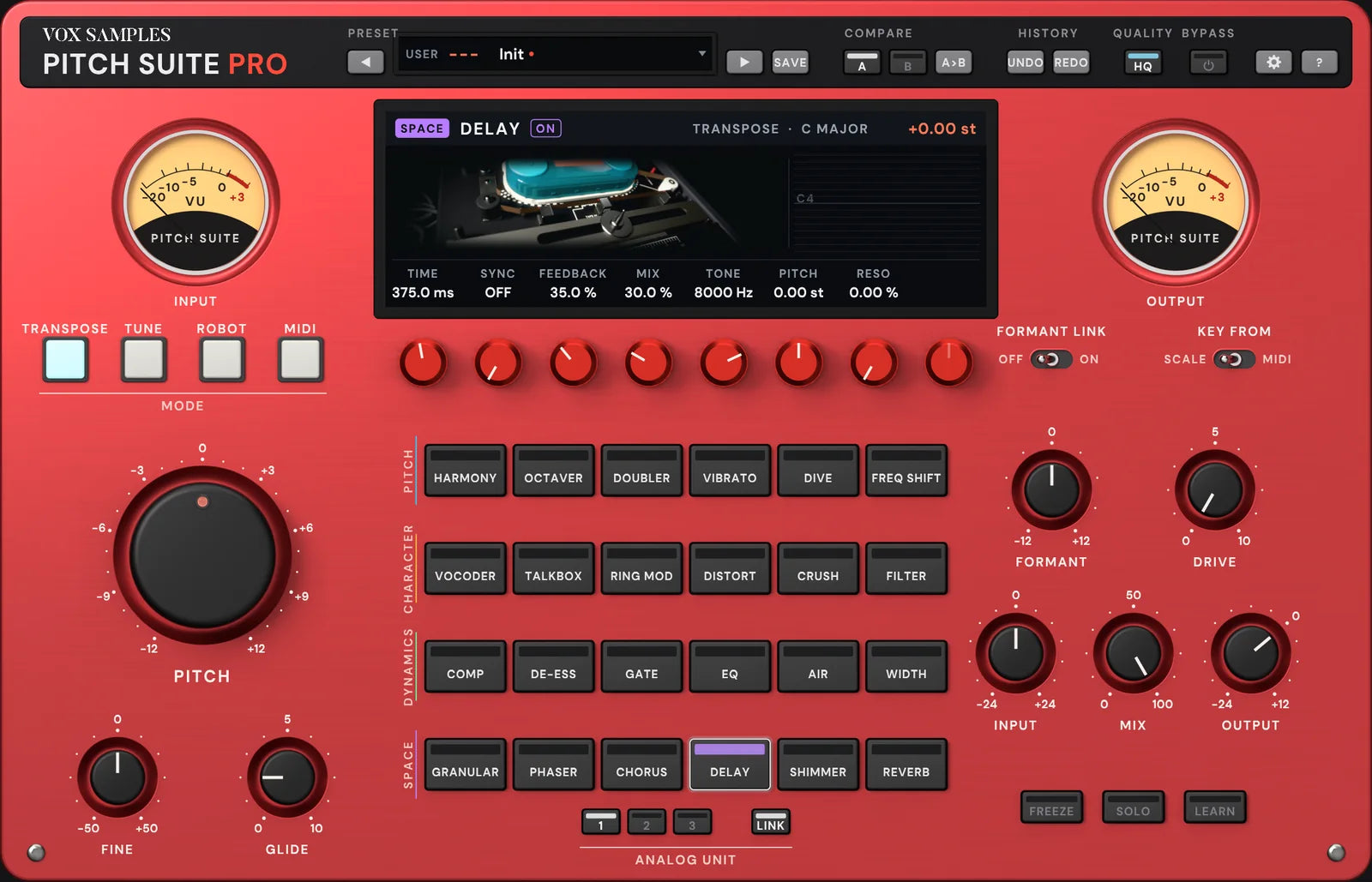 The Pitch Suite Pro panel with DELAY selected: the screen pictures a tape echo with its lid open, the tape loop and heads showing