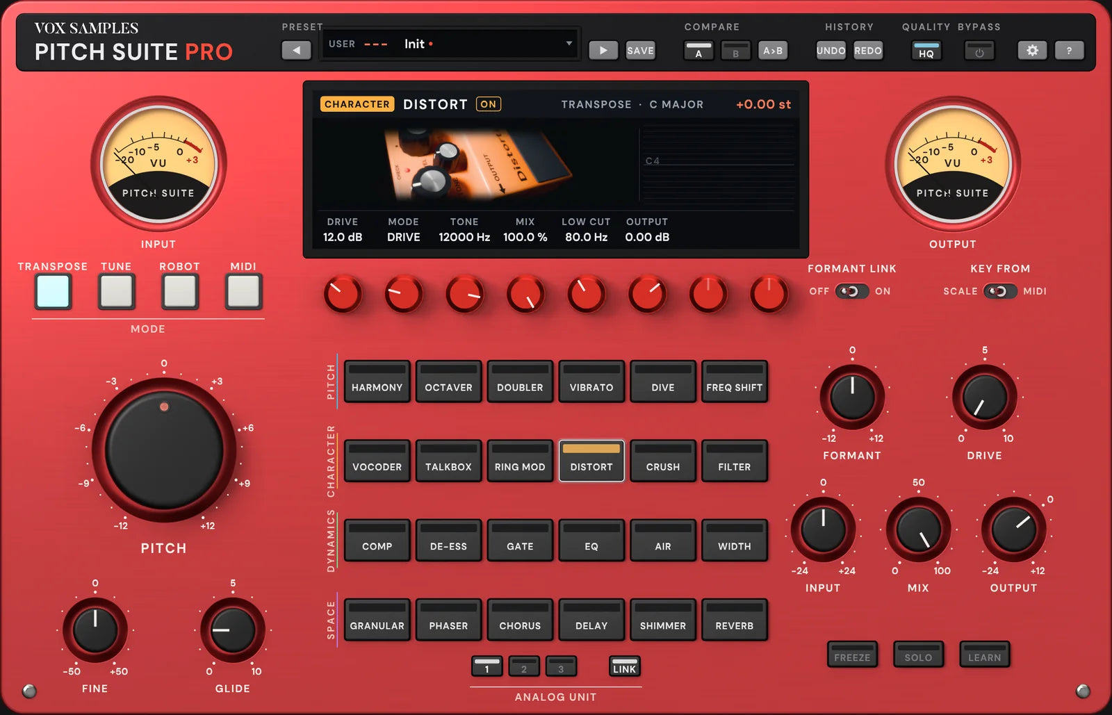 The Pitch Suite Pro panel with DISTORT selected: the screen pictures an orange compact distortion pedal lying flat, plugged in
