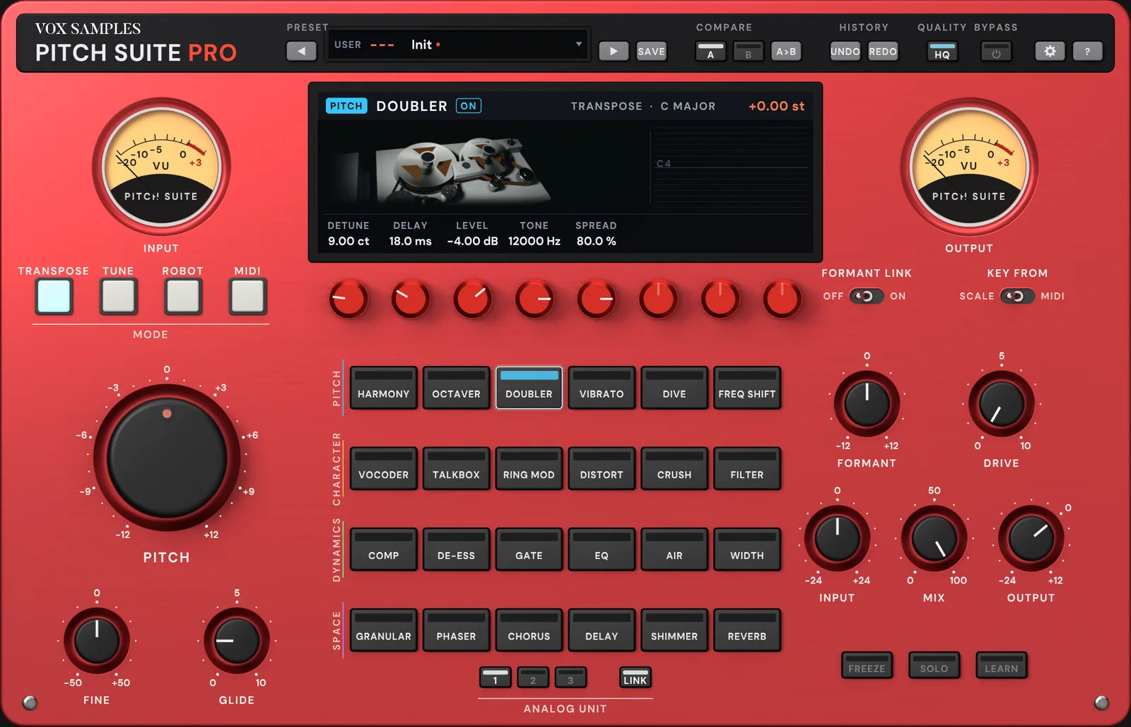 The Pitch Suite Pro panel with DOUBLER selected: the screen pictures a reel-to-reel tape machine’s reels and tape path