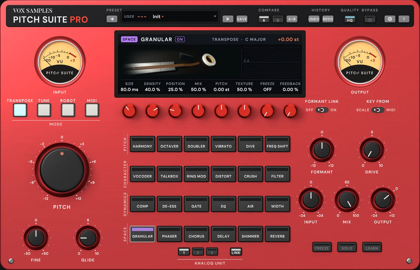 The Pitch Suite Pro panel with GRANULAR selected: the screen pictures a tape splicing block, a strip of cut tape and a roll of splicing tape