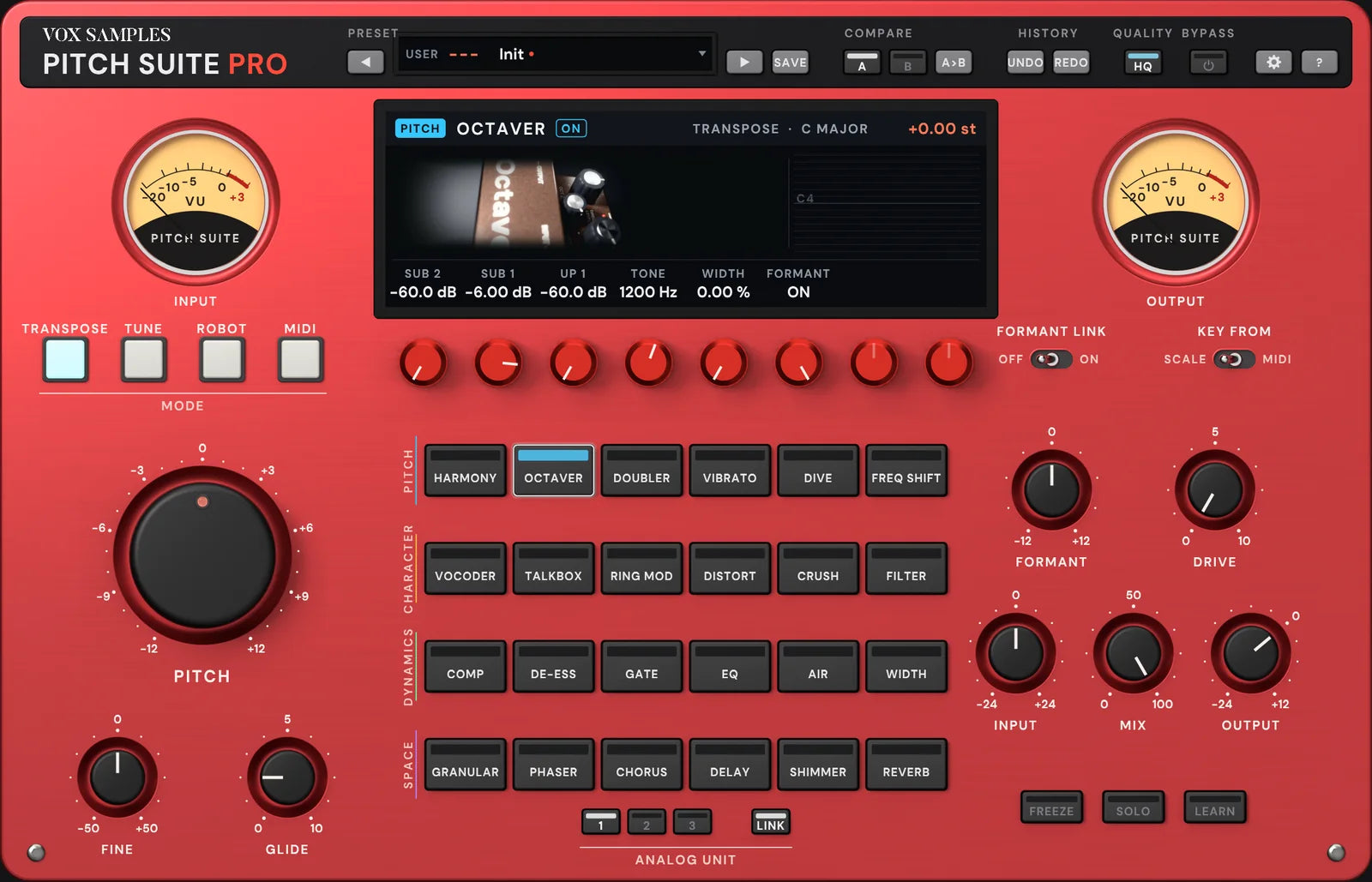 The Pitch Suite Pro panel with OCTAVER selected: the screen pictures a brown octave pedal, plugged in, seen from its toe