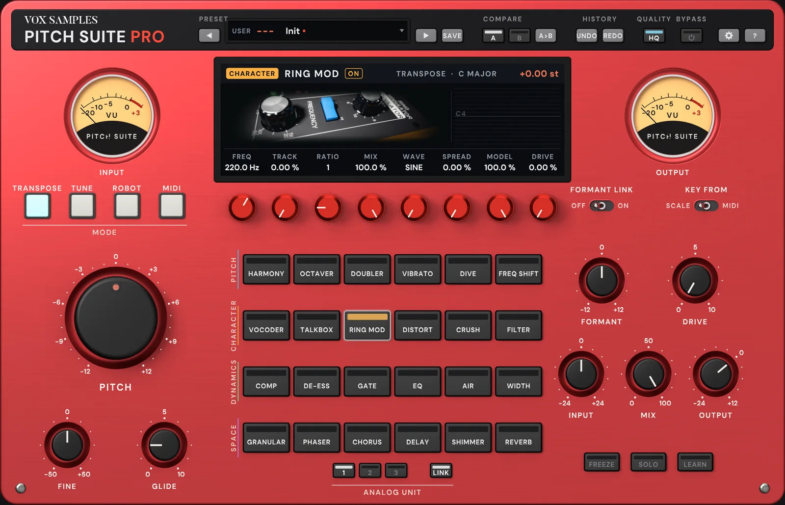 The Pitch Suite Pro panel with RING MOD selected: the screen pictures a ring-modulator pedal, close on its frequency knob and range switch
