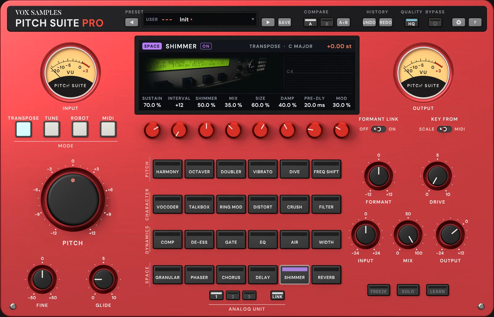 The Pitch Suite Pro panel with SHIMMER selected: the screen pictures a black rack pitch-shifting effects unit, its green display reading the interval and decay