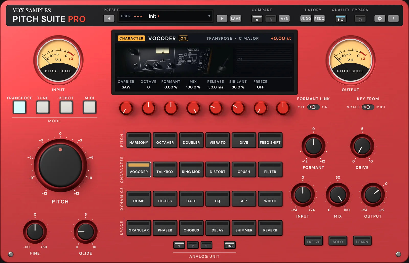 The Pitch Suite Pro panel with VOCODER selected: the screen pictures a keyboard vocoder’s panel with its VU meter and gooseneck microphone