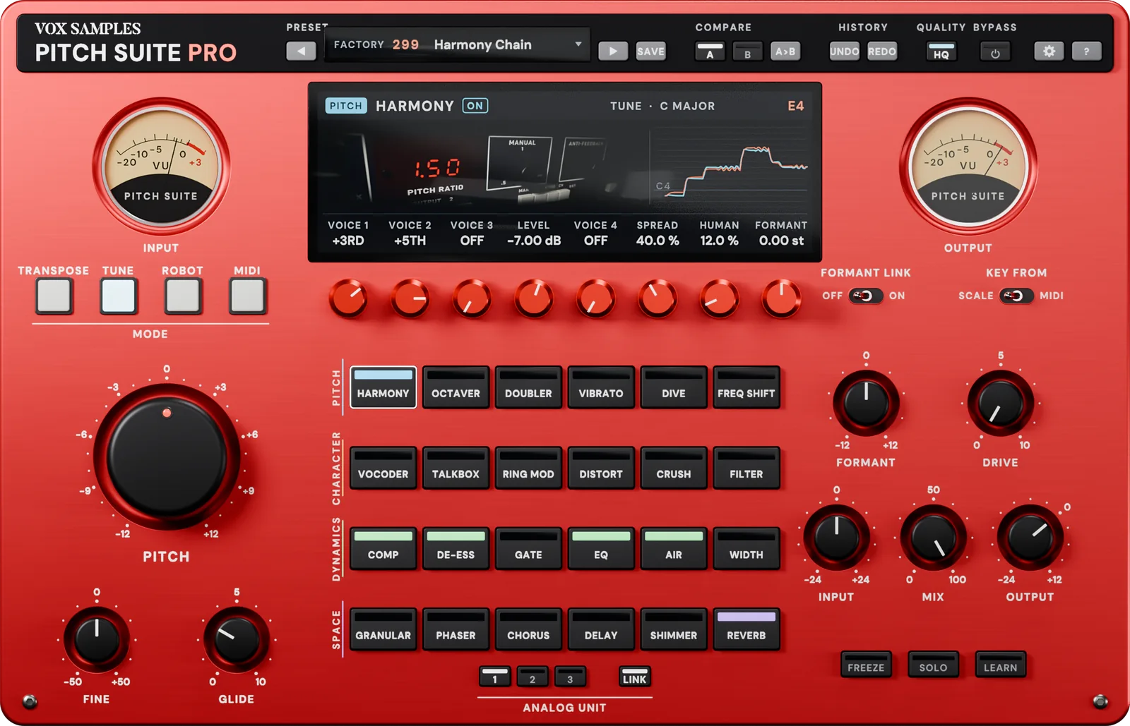 Pitch Suite Pro straight from above: the preset display reading Harmony Chain with the A and HQ keys lit, the screen with HARMONY on, its picture and pitch trace, the INPUT and OUTPUT VU meters, the MODE keys with TUNE lit, the PITCH, FINE and GLIDE knobs, the FORMANT, DRIVE, INPUT, MIX and OUTPUT knobs, the 24 module switches in four family rows and under them ANALOG UNIT 1, 2, 3 with 1 and LINK lit