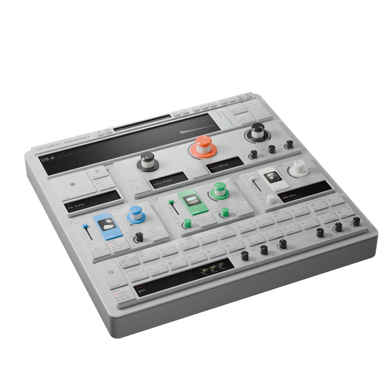Reverse King 3 as a light-grey hardware device, three-quarter view from the front left and above: the wide black timeline screen along the top with the analog unit and link selectors beside it, the big orange length knob between two dark knobs, the blue, green and white engine groups with their tall keys each carrying a small picture, and the two-row FX rack with its module screen at the front
