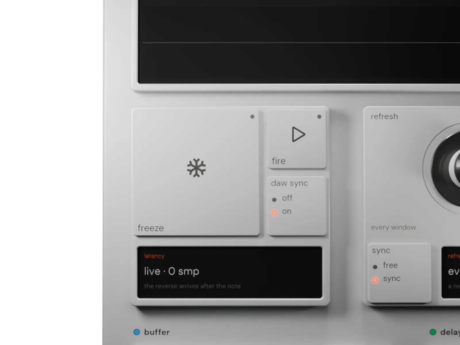 The clock from overhead: the large freeze key with its snowflake, the fire key with its play arrow, the daw sync switch set to on and the latency screen reading live, 0 smp
