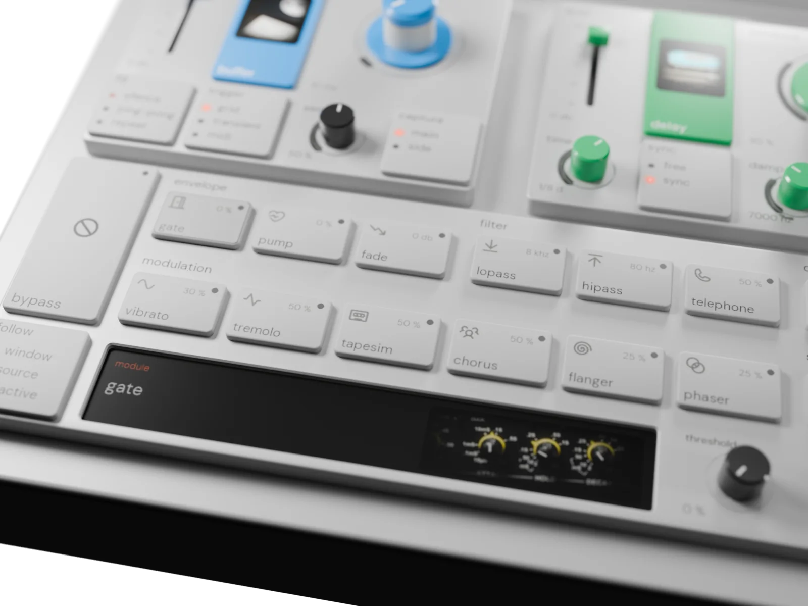 The FX rack from the front: its named keys with their icons and values in family rows, gate selected, and the module screen reading gate beside its picture of a dual rack noise gate