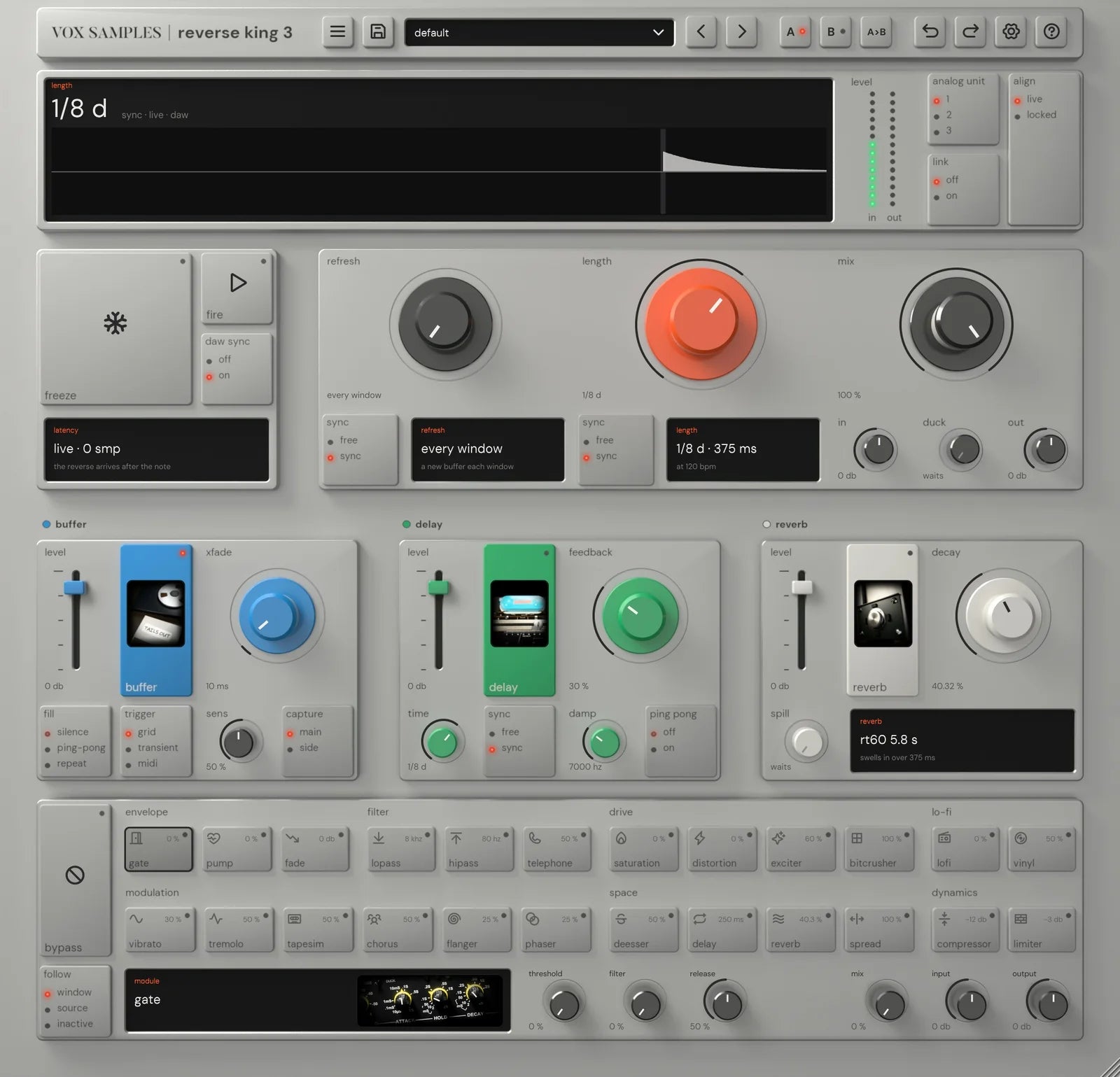The whole Reverse King 3 panel, one page with every control: the timeline at 1/8 d, the analog unit and link selectors beside it, the clock with freeze, fire and daw sync, the refresh, length and mix panel, the buffer, delay and reverb groups with their picture keys and detail rows, and the FX rack with gate selected and its picture of a dual rack noise gate
