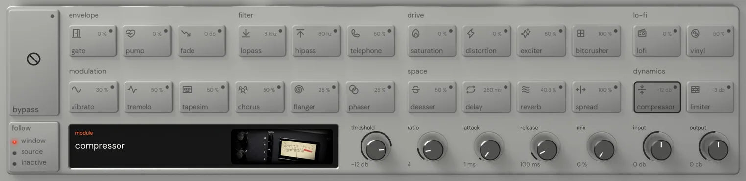 The Reverse King 3 rack on compressor: the 24 named keys, and the module screen with its picture of a black rack compressor with a VU meter beside the threshold, ratio, attack and release knobs