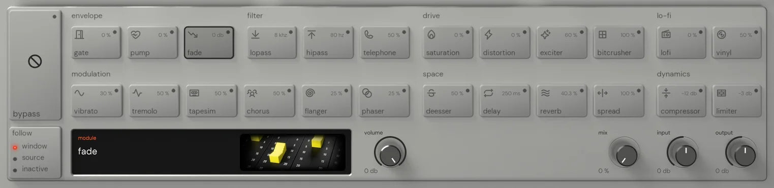 The Reverse King 3 rack on fade: the 24 named keys, and the module screen with its picture of long-throw console faders with yellow caps against an engraved dB scale beside the volume knobs