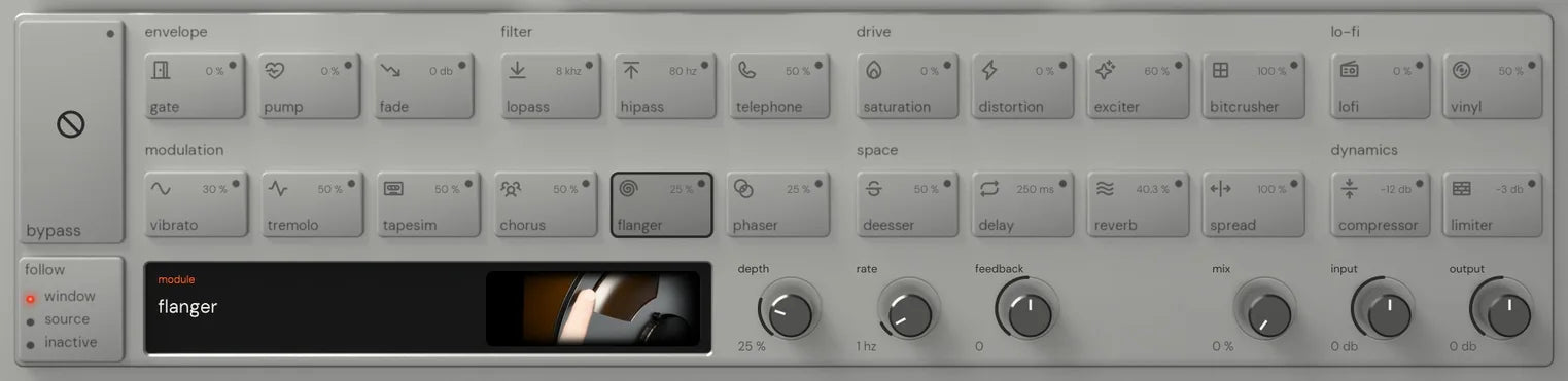 The Reverse King 3 rack on flanger: the 24 named keys, and the module screen with its picture of a fingertip pressing the rim of a turning tape reel beside the depth, rate and feedback knobs