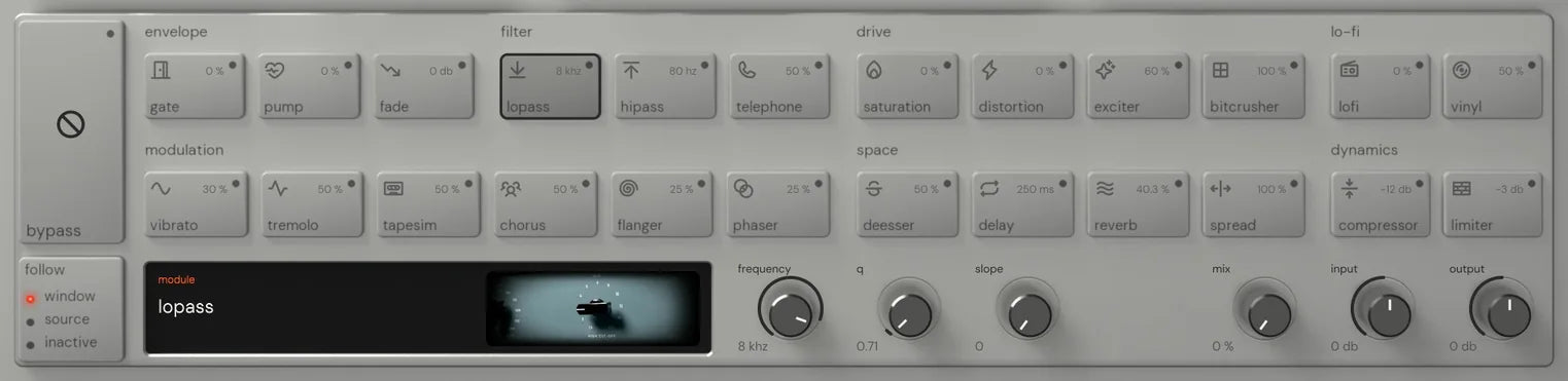 The Reverse King 3 rack on lopass: the 24 named keys, and the module screen with its picture of a grey-blue studio filter panel with its low-pass selector beside the frequency, q and slope knobs