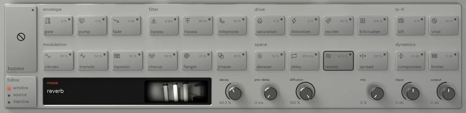 The Reverse King 3 rack on reverb: the 24 named keys, and the module screen with its picture of the bare white walls and pillars of an echo chamber beside the decay, pre-delay and diffusion knobs