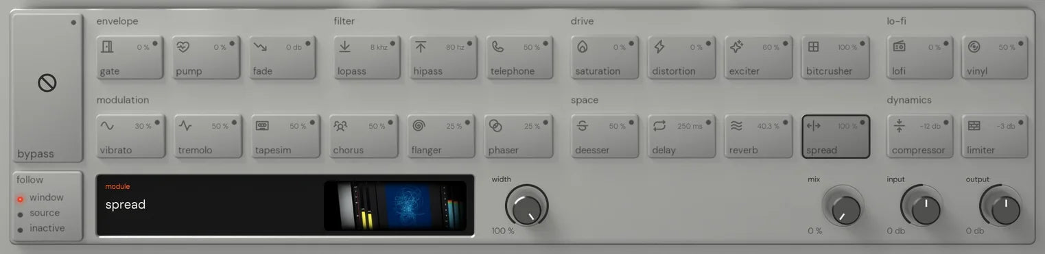 The Reverse King 3 rack on spread: the 24 named keys, and the module screen with its picture of a stereo meter with a phase-scope display and loudness readouts beside the width knobs