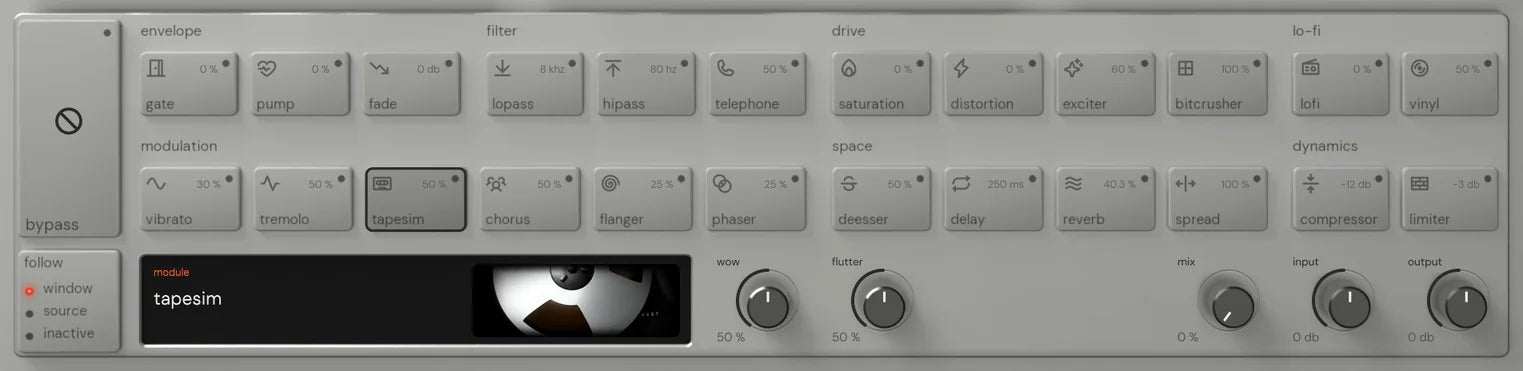 The Reverse King 3 rack on tapesim: the 24 named keys, and the module screen with its picture of close on a studio reel-to-reel machine’s reel beside the wow and flutter knobs