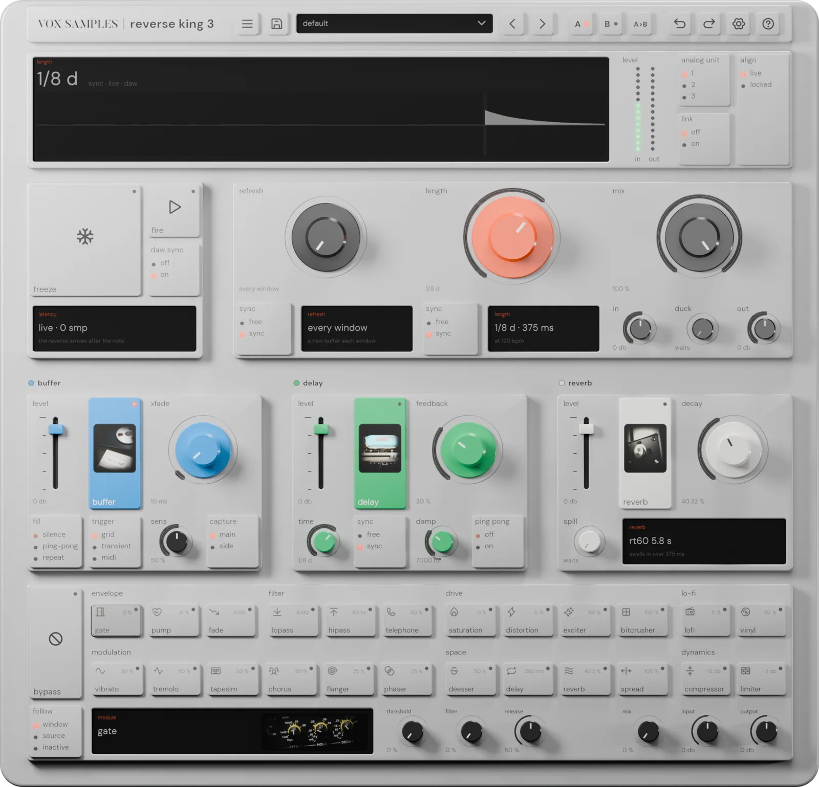 Reverse King 3 straight down, its one page with every control: the header with the preset default, the timeline showing 1/8 d beside the meters, analog unit 1 and link off, the clock with freeze, fire and daw sync, the refresh, length and mix knobs, the buffer, delay and reverb groups with their picture keys and detail rows, and the rack of 24 named keys with gate selected and its picture of a dual rack noise gate on the module screen