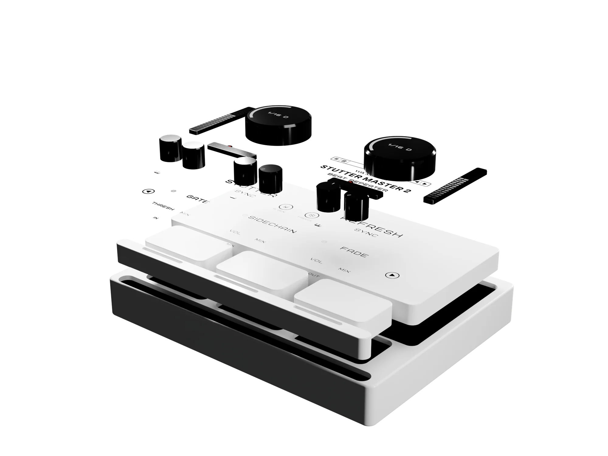 Stutter Master 2 pulled apart into its layers: body, effect wells, face and controls