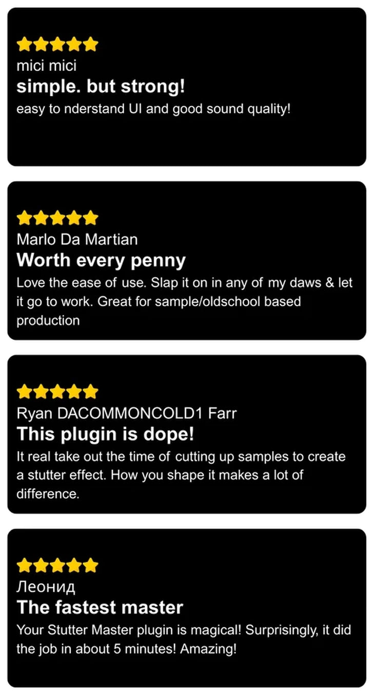 Five-star reviews of Stutter Master 2 from mici mici, Marlo Da Martian, Ryan DACOMMONCOLD1 Farr and Леонид