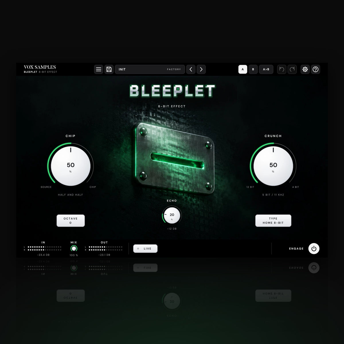 Bleeplet 8-Bit Effect by Vox Samples, the 8-bit effect plugin: a riveted steel coin slot glowing phosphor green under square pixel light, the BLEEPLET chrome logo, and two big pearl-white knobs, CHIP and CRUNCH.