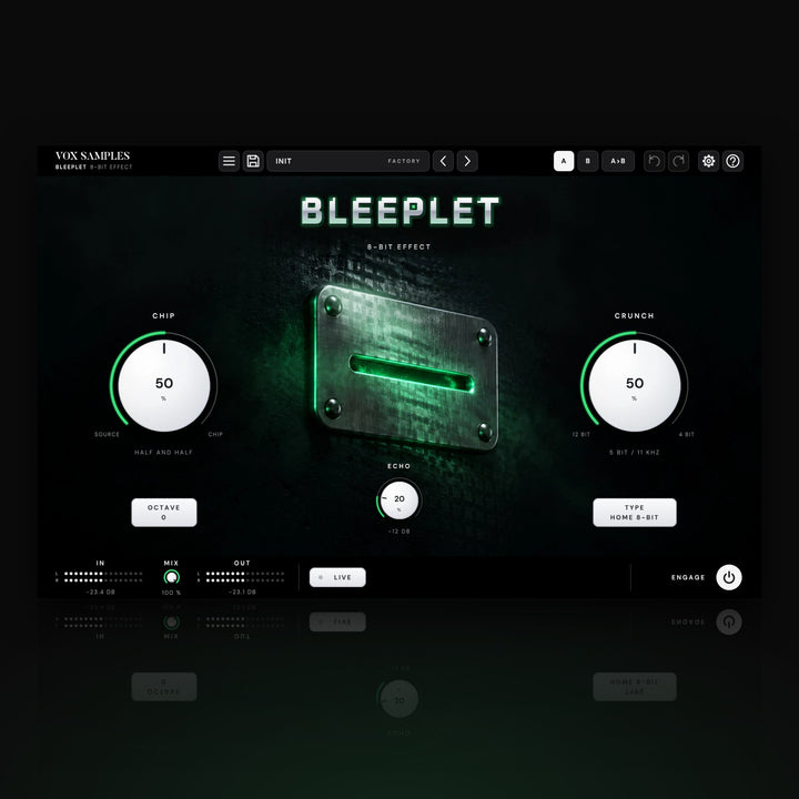 Bleeplet 8-Bit Effect by Vox Samples, the 8-bit effect plugin: a riveted steel coin slot glowing phosphor green under square pixel light, the BLEEPLET chrome logo, and two big pearl-white knobs, CHIP and CRUNCH.