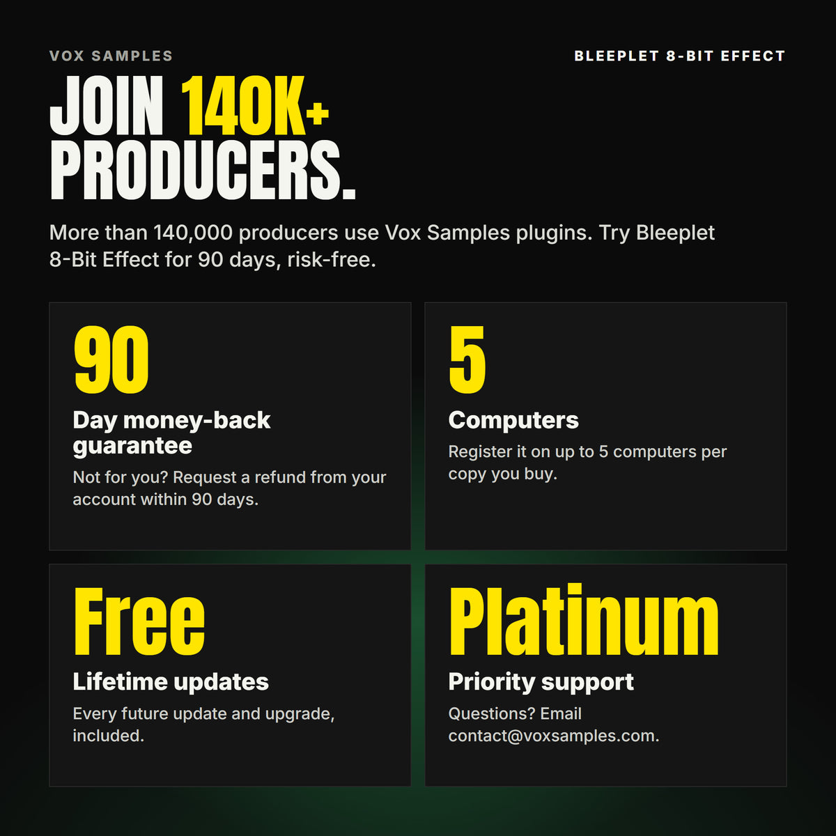 Join 140K+ producers who use Vox Samples plugins. Bleeplet 8-Bit Effect comes with a 90-day money-back guarantee you claim from your account, registration on up to five of your own computers per copy you buy, free lifetime updates, and Platinum priority support.