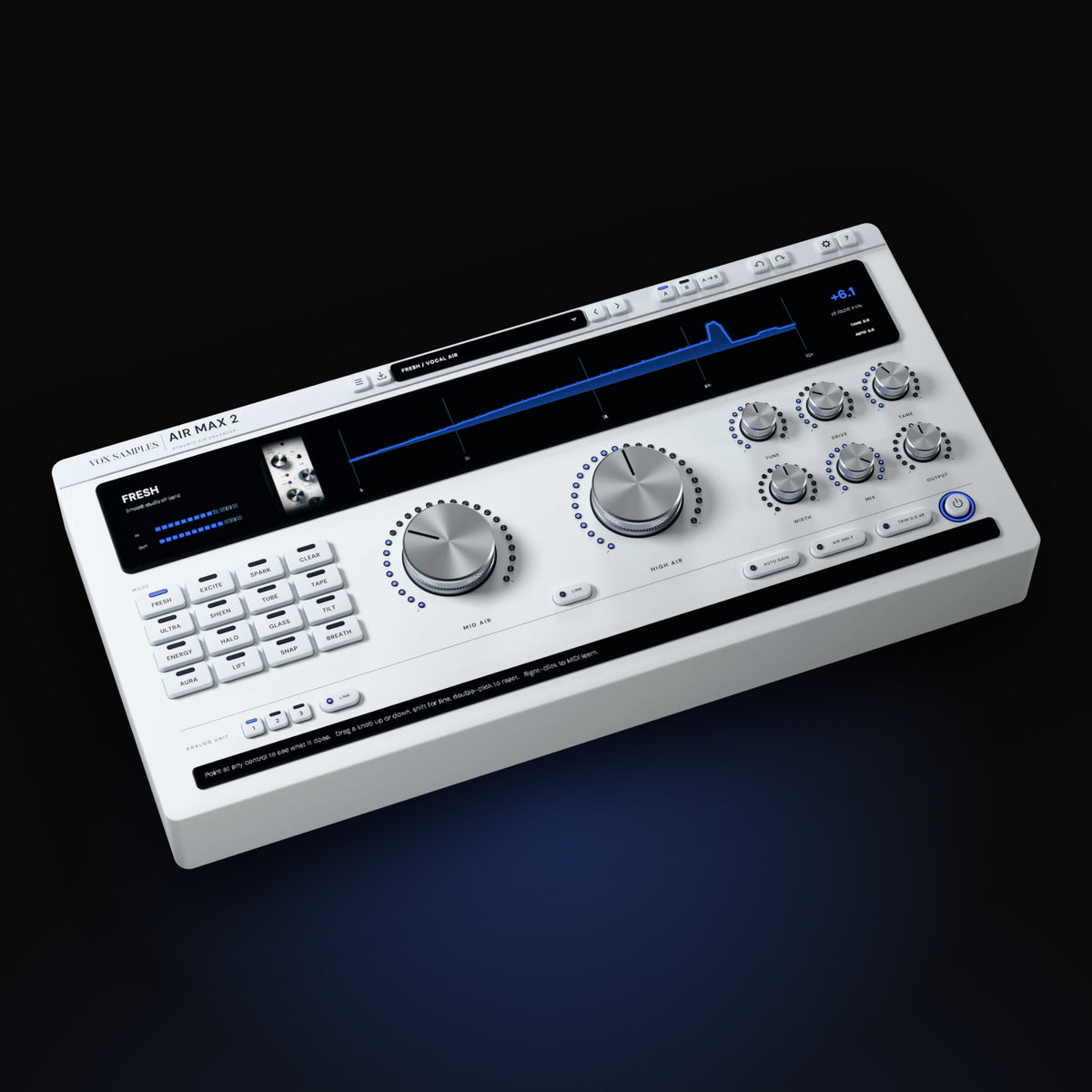 Air Max 2 by Vox Samples, the air and top-end enhancer plugin with 16 air modes, pictured as a pale-grey desktop unit with its display, sixteen mode keys and two large aluminium knobs.