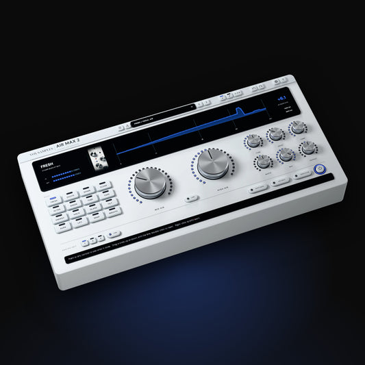 Air Max 2 by Vox Samples, the air and top-end enhancer plugin with 16 air modes, pictured as a pale-grey desktop unit with its display, sixteen mode keys and two large aluminium knobs.