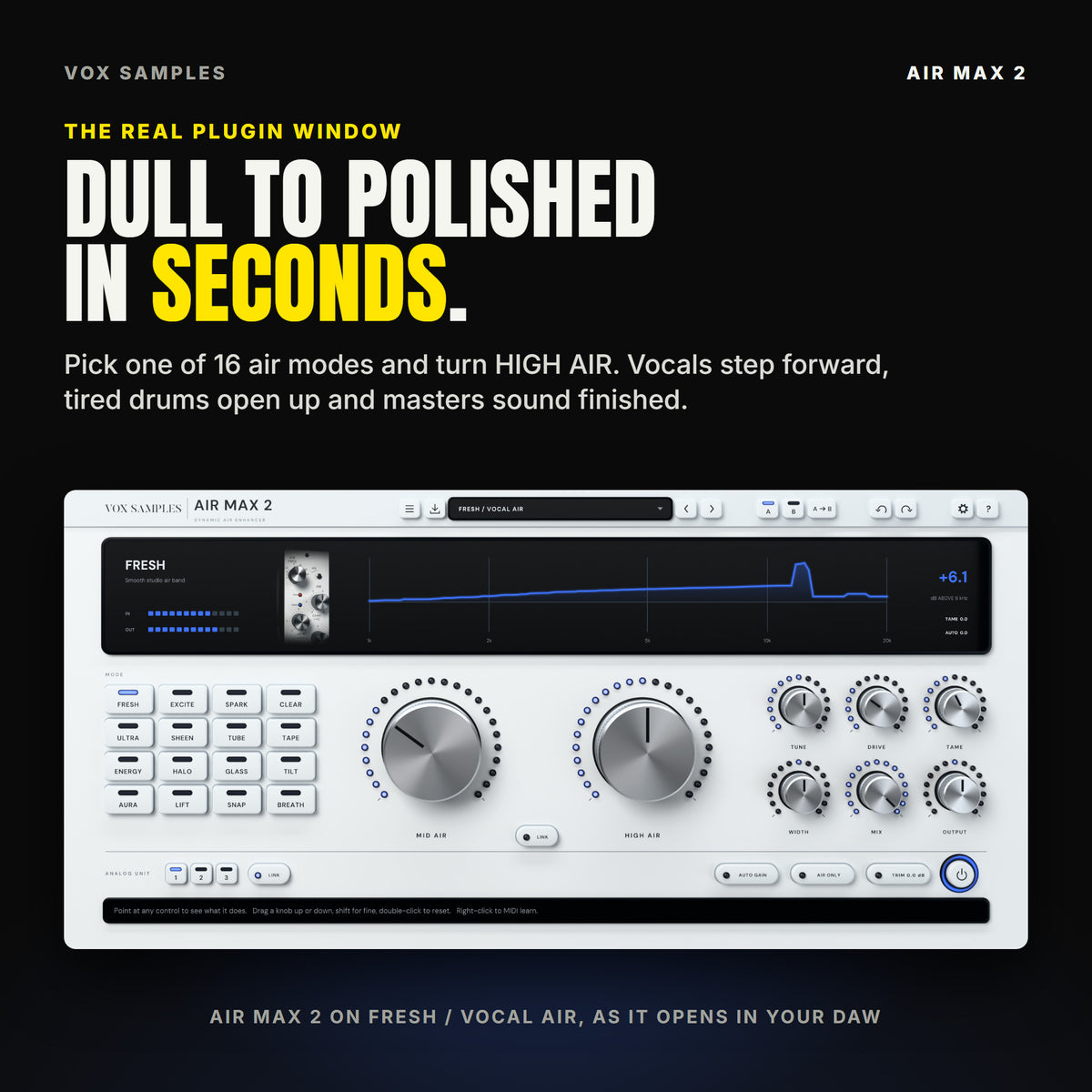 The whole Air Max 2 plugin window on the preset Fresh / Vocal Air: the display with the FRESH mode, the blue air curve and +6.1 dB above 6 kHz, sixteen mode keys, the MID AIR and HIGH AIR knobs, six smaller knobs, the ANALOG UNIT keys and the AUTO GAIN, AIR ONLY and TRIM switches.